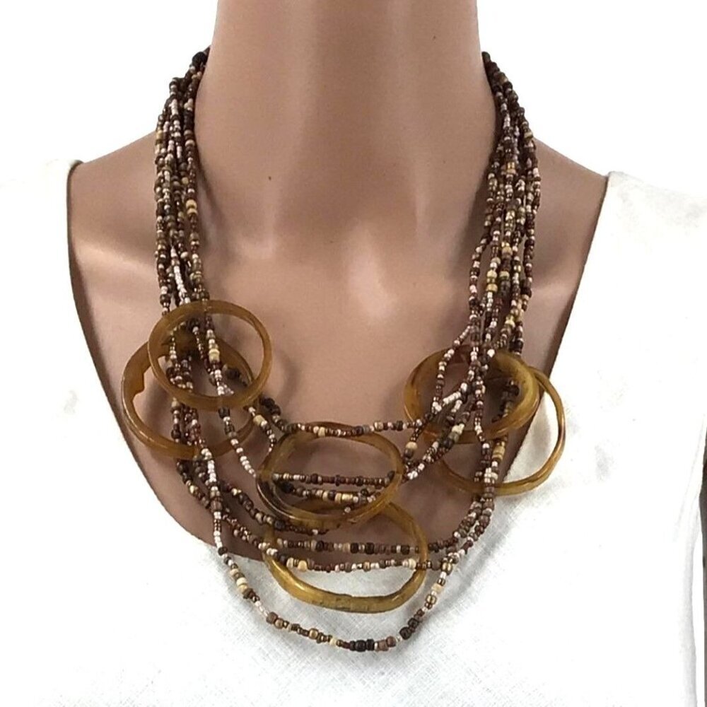 Chunky Boho Statement Necklace Multi Strand Earth Tone Beaded Casual Career - Picture 2 of 3